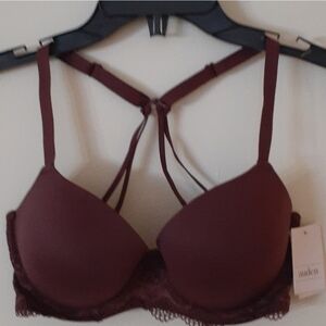 Auden Strappy Lace-Back Push-Up Bra in Burgundy